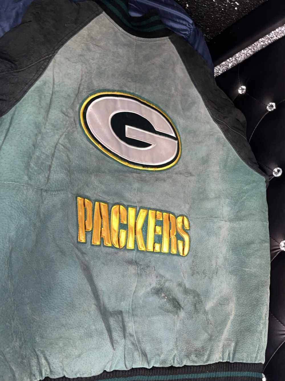 NFL Green Packers Suede Bomber Jacket with Gold Lettering